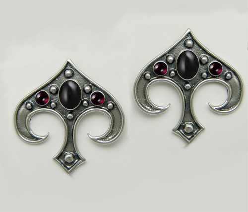 Sterling Silver Gothic Inspired Drop Dangle Earrings With Black Onyx And Garnet